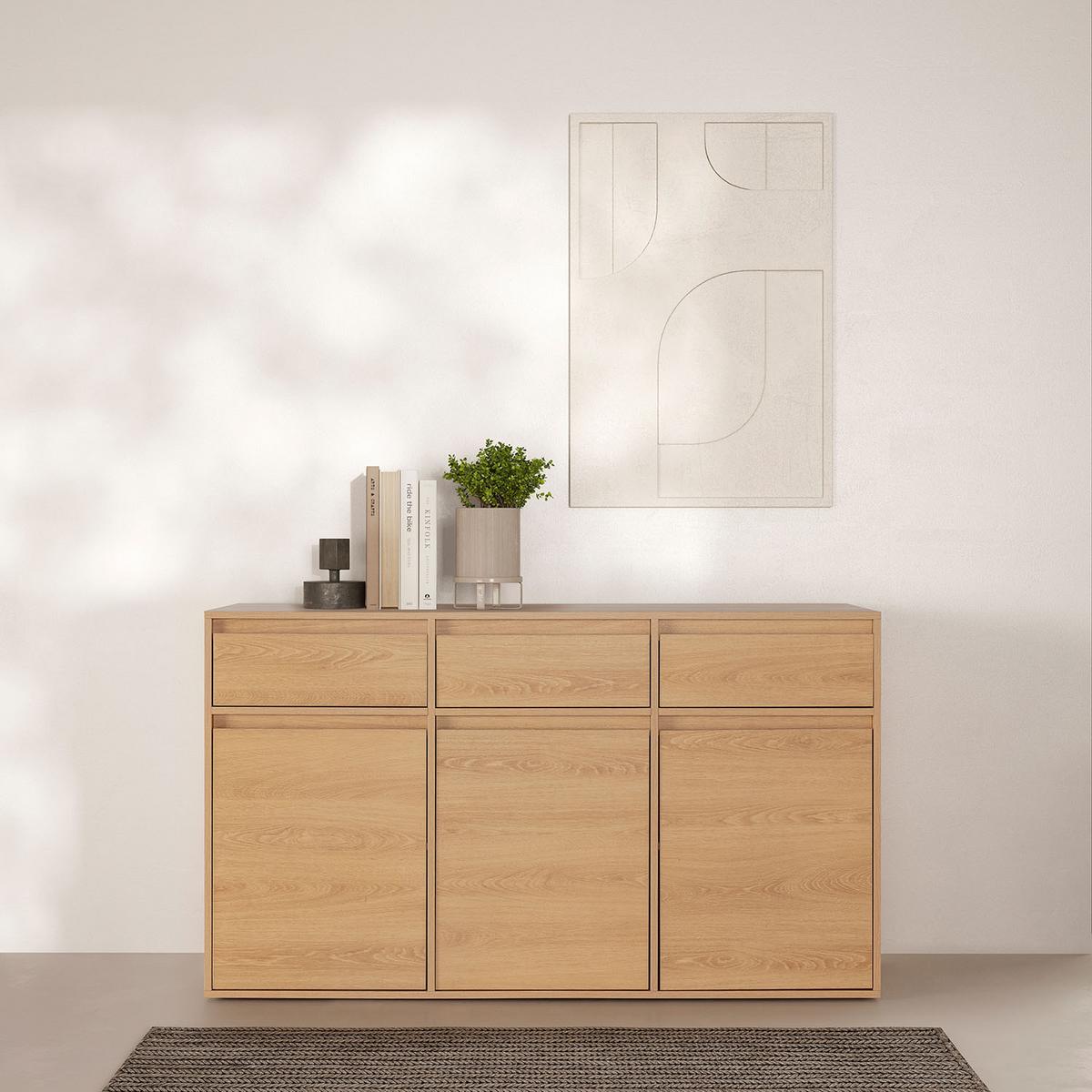 SIDEBOARD Tori 3 Türen 3 Schubladen, Eichenfarbe - Honigeiche, Holzwerkstoff (140/81/40cm)