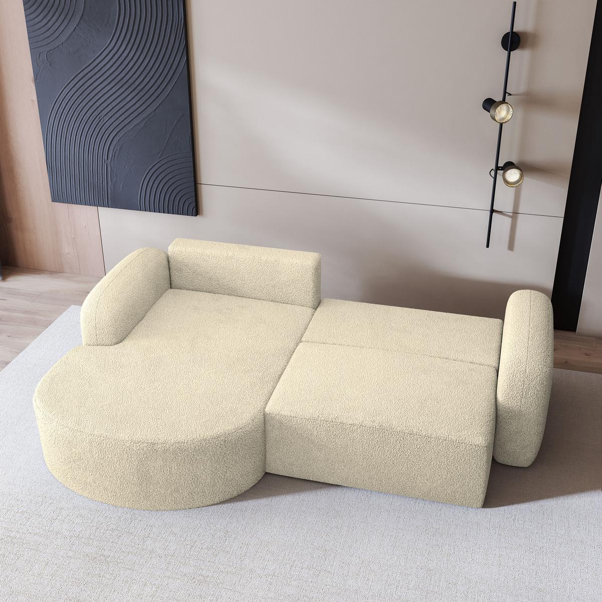 ECKSOFA AMILIA L-S Creme Boucle-Stoff mit Schlaffunktion - Creme, Holz (263/174cm) - MASSENO