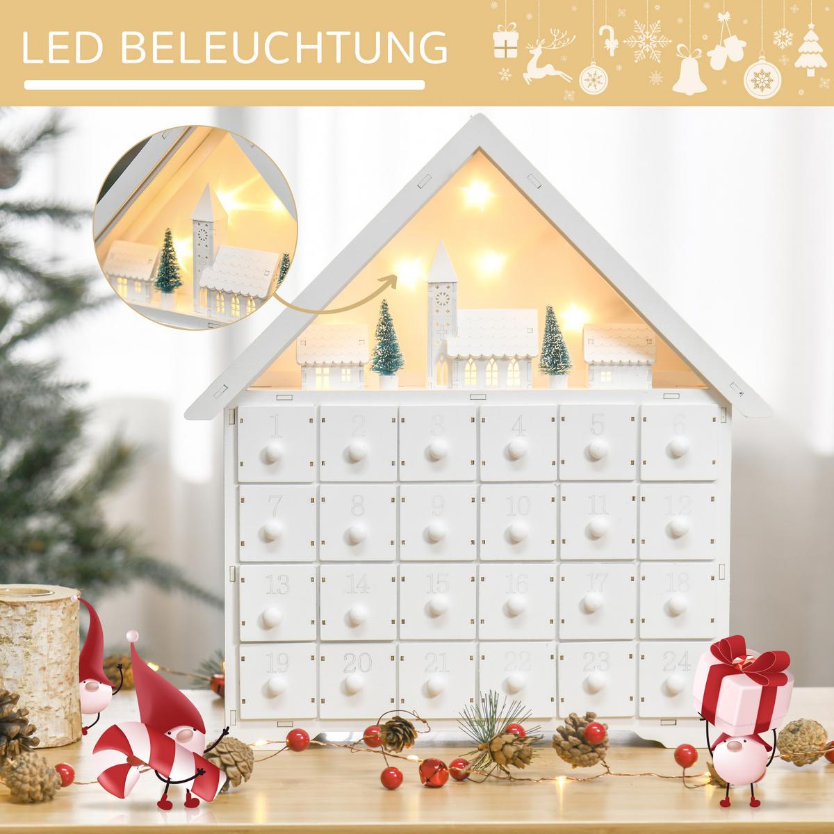 ADVENTSKALENDER Weihnachtskalender 24 Schubladen mit LED 2-in-1-Design - Weiß, Holz (9/42/39cm) - HOMCOM