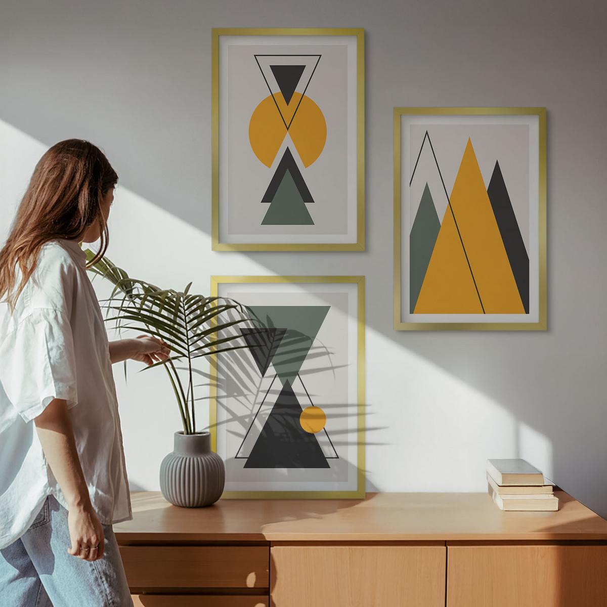 BILDER SET 3er Set - 40x60 cm Goldrahmen - Abstrakte geometrische Formen - Goldfarben, Kunststoff (40/60cm) - TULUP