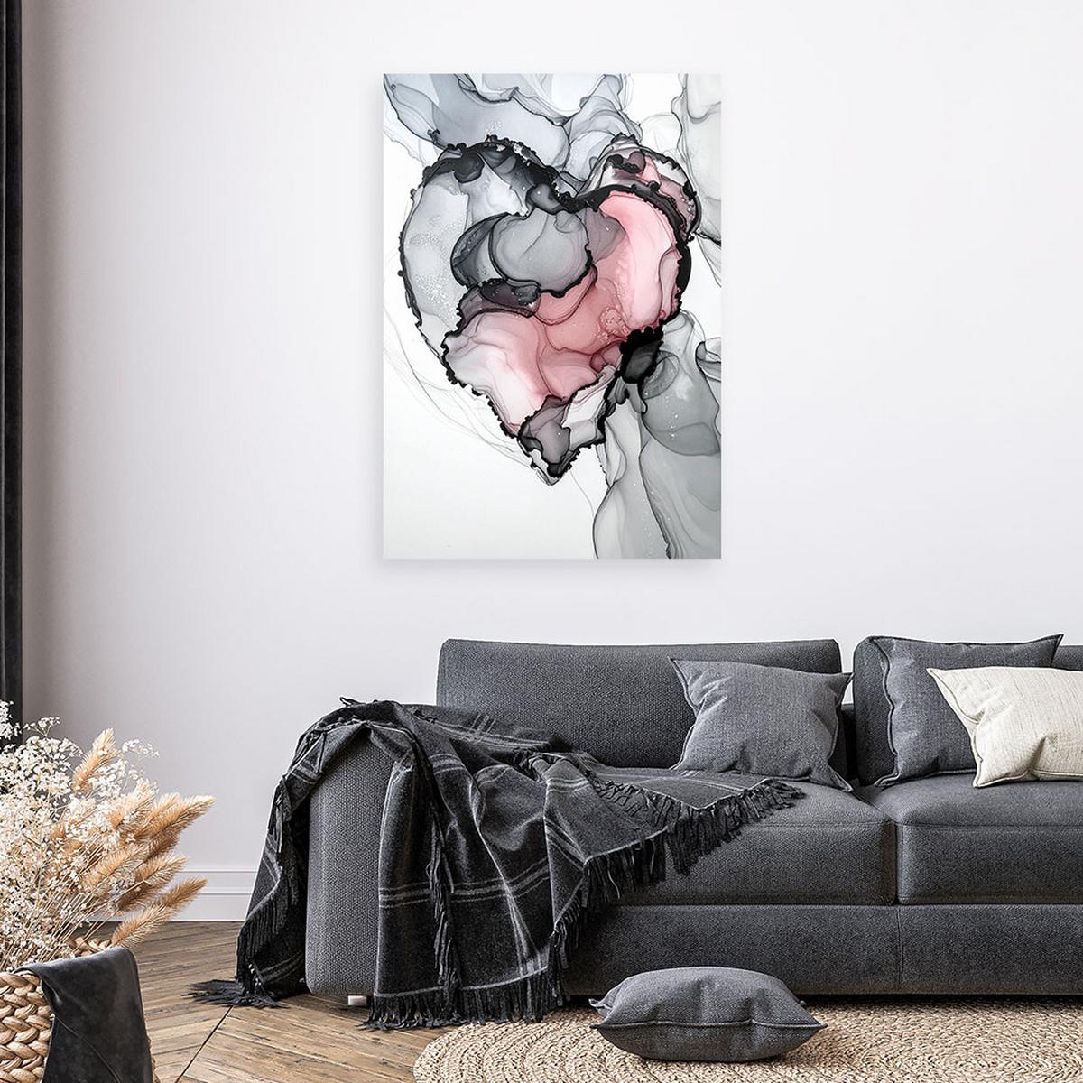 LEINWANDBILD Abstraktion mit rotem Herzen 80x120cm - Grau, Textil (80/120cm) - Feeby