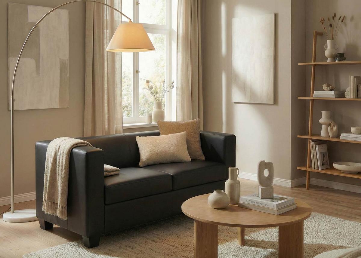 2ER SOFA Schwarz - Schwarz, Leder (137/70/75cm) - MCW