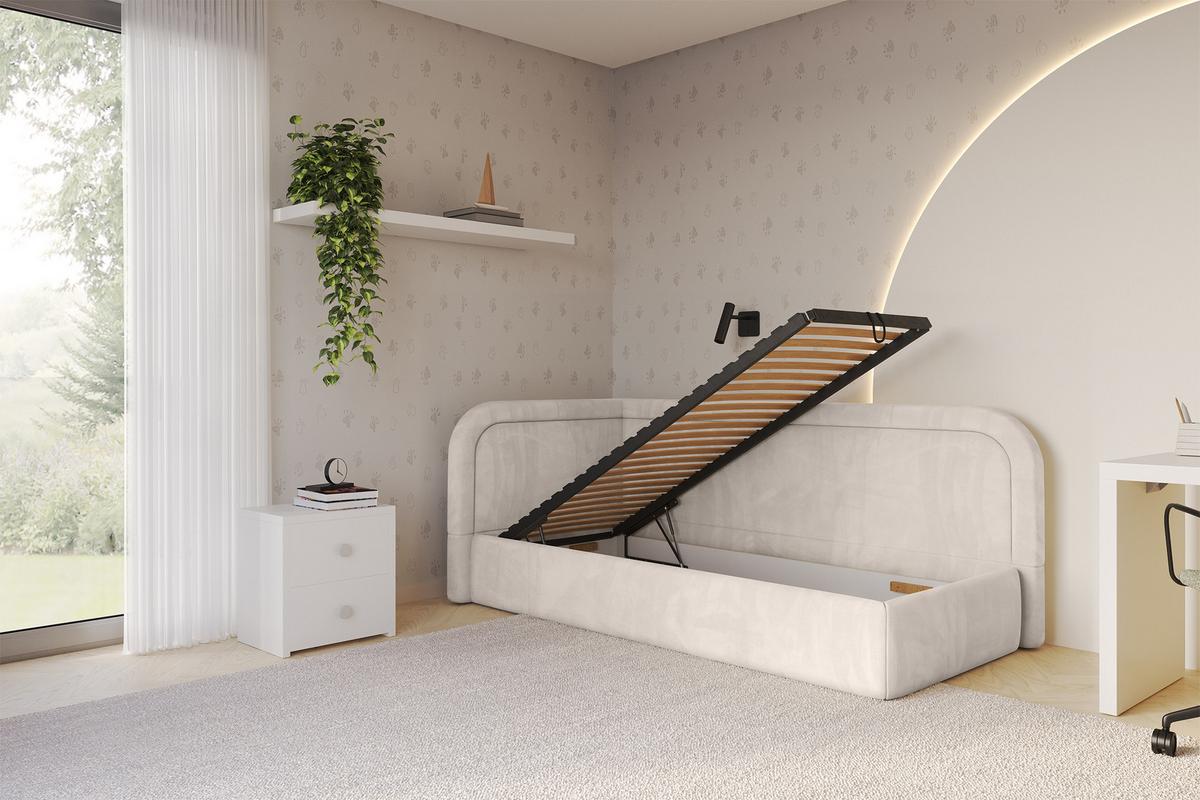 EINZELLBETT Jugendbett mit Bettkasten, Rechts - JOVY 80x200 Beige - Sandfarben, Holzwerkstoff/Textil (80/200cm) - ALTDECOR