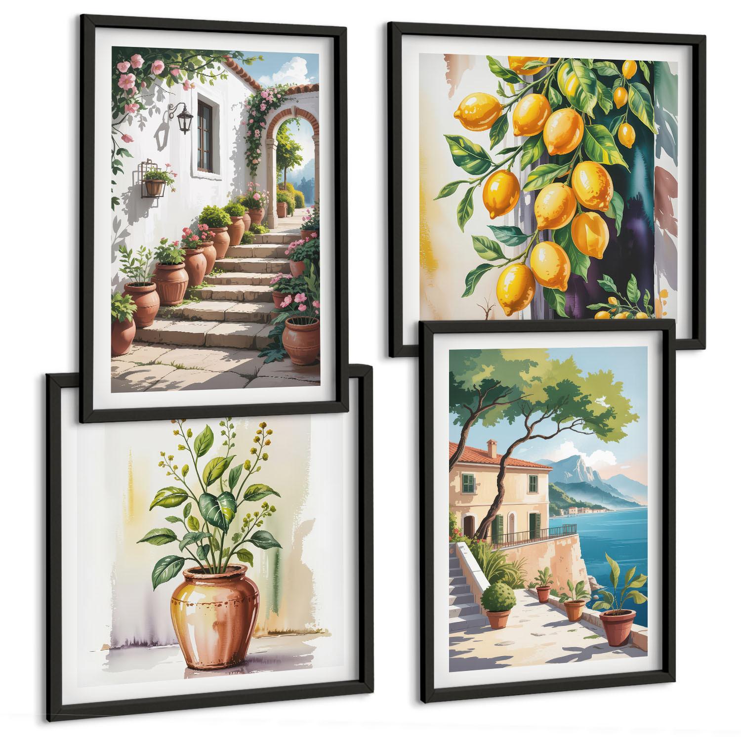 BILDER SET 4er Set - 50x50 cm & 40x60 cm Schwarzer Rahmen - Zitronenblüten am Meer - Schwarz, Kunststoff (50/50cm) - TULUP