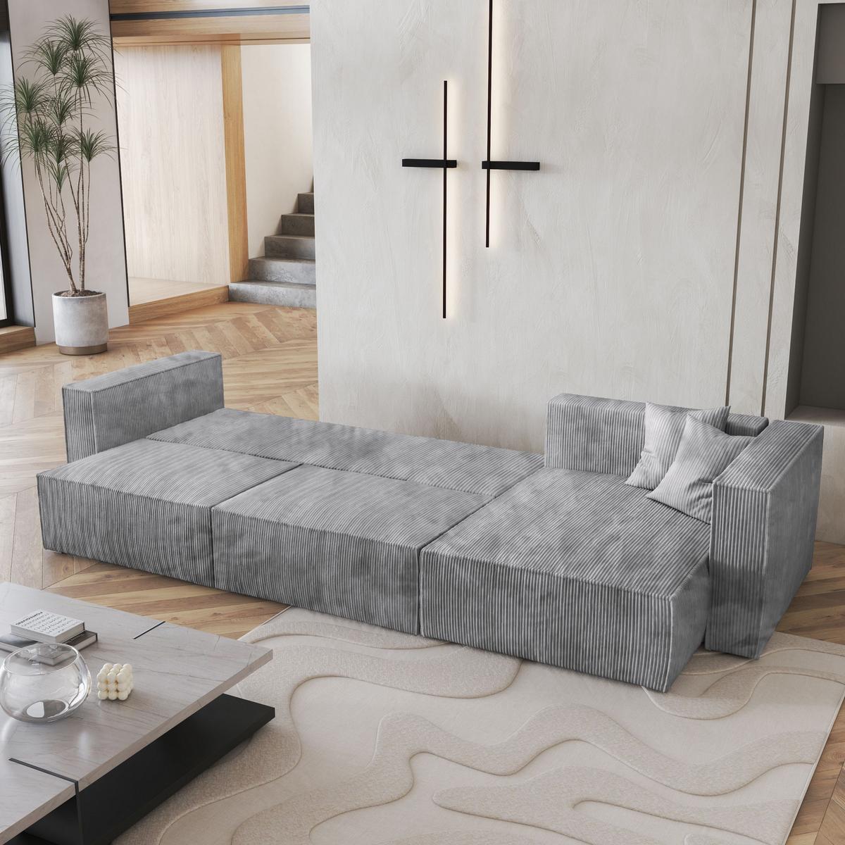 ECKSOFA TOLMO P Hellgrau Kordstoff mit Schlaffunktion - Hellgrau/Grau, Holz/Kunststoff (347/148cm) - MASSENO