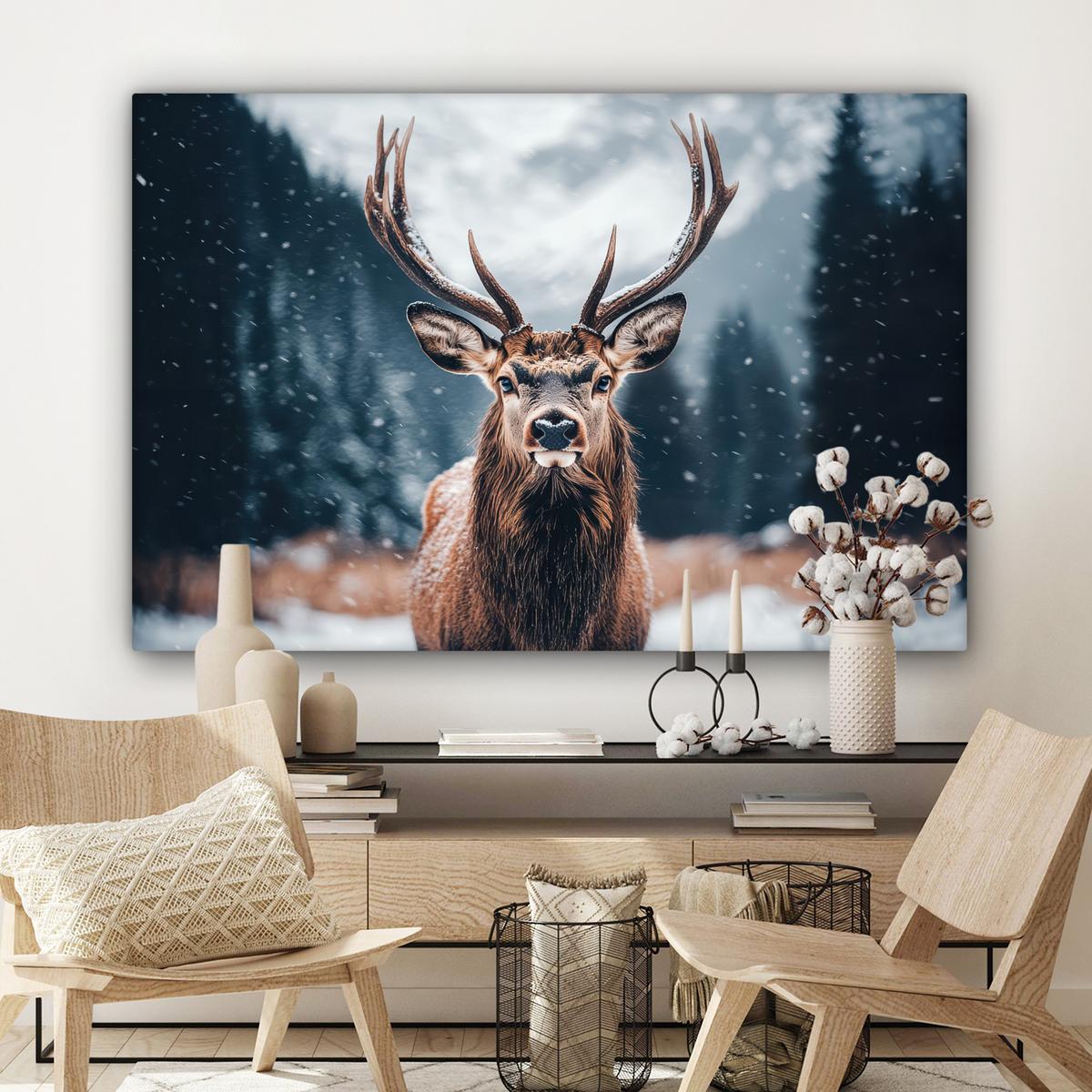 LEINWANDBILD Hirsche - Tiere - Landschaft - Winter - Schnee Wohnzimmer Groß 120x80 cm - Kastanienfarben, Textil (120/80cm) - MuchoWow