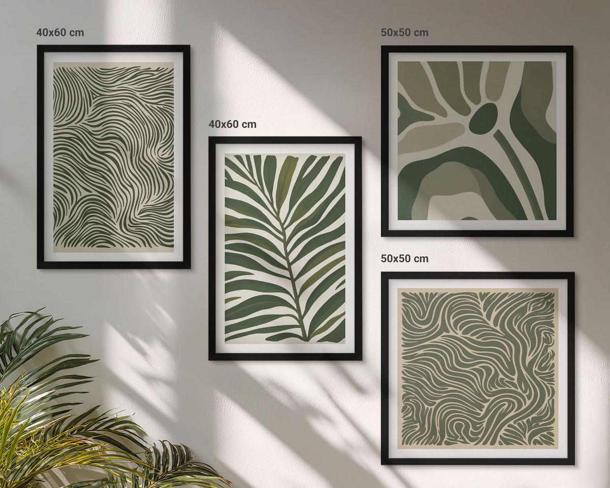 BILDER SET 4er Set - 50x50 cm & 40x60 cm Schwarzer Rahmen - Blattmuster und wellenförmige Formen - Schwarz, Kunststoff (50/50cm) - TULUP