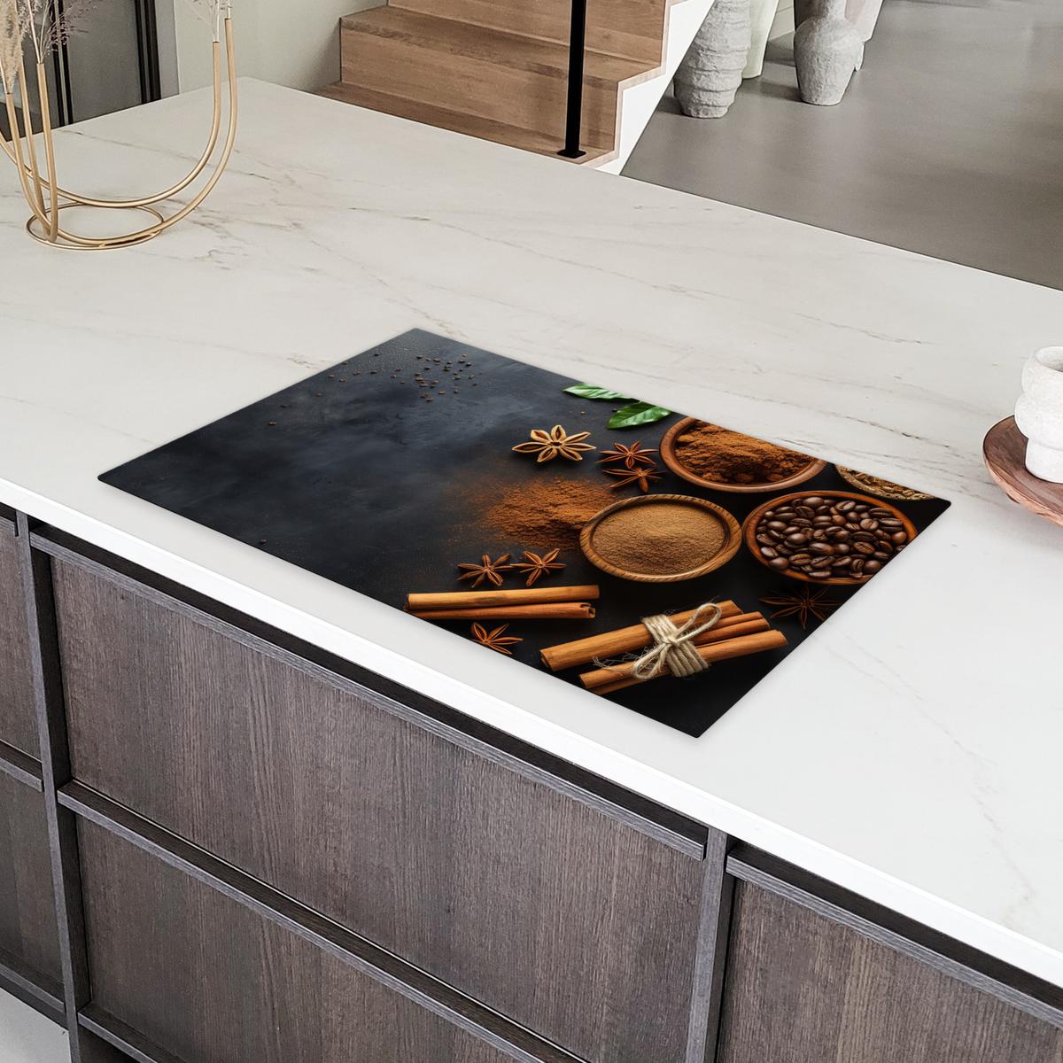 HERDABDECKPLATTE Zimt - Beton - Kaffee - Zimtstangen - Gewürze Ceranfeldabdeckung 85x52 cm - Mokka, Kunststoff (85/52/0.2cm) - MuchoWow