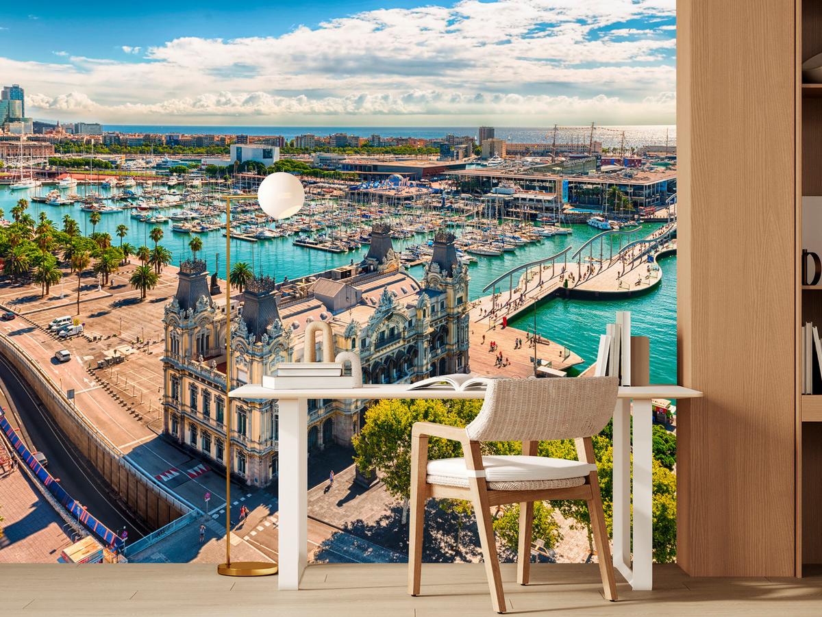 FOTOTAPETE für Wohnzimmer Barcelona Hafen Boote Denkmäler 100x70 - Türkis/Beige, Papier (100/70cm) - Muralo