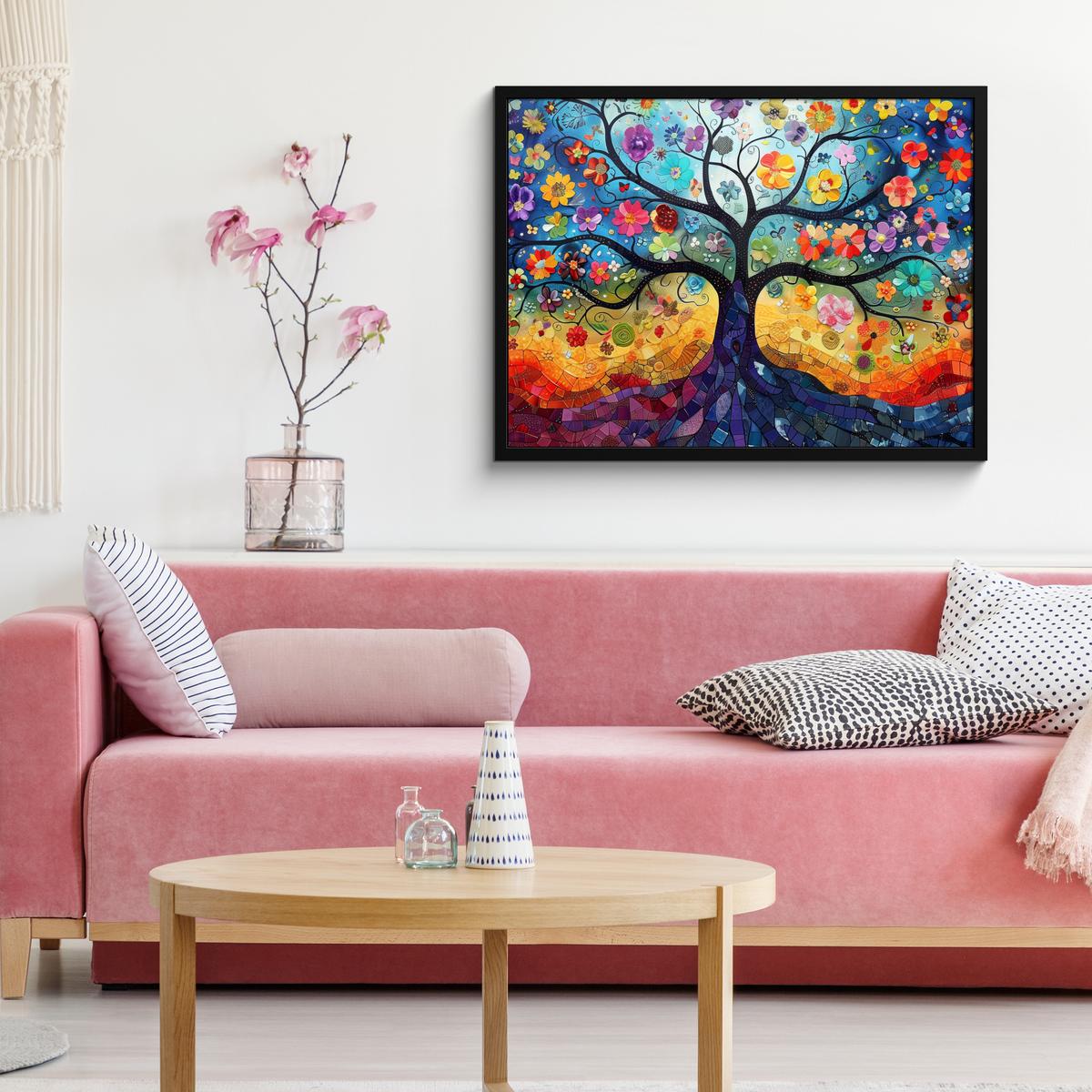 POSTER MIT RAHMENGERAHMTES BILD Kunst - Baum des Lebens - Blumen - Hippie 80x60 cm - Dunkelblau, Papier (80/60cm) - MuchoWow
