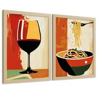 POSTER 2er Set Küchen-Wandbilder Rotwein und Pasta Vintage Retro Esszimmer Wanddeko Rahmenlos A3 - Beige, Papier (29.7/1/42cm) - Nacnic