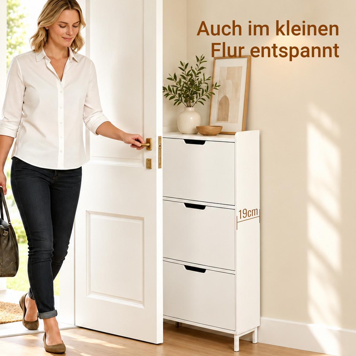 SCHUHSCHRANK weiß, 50x129x19 cm, 3 Klappen für 6 Paar, hoch & nur 19 cm tief, erweiterbar zur Schuhwand - Weiß, Holzwerkstoff/Metall (50/129/19cm) - SoBuy