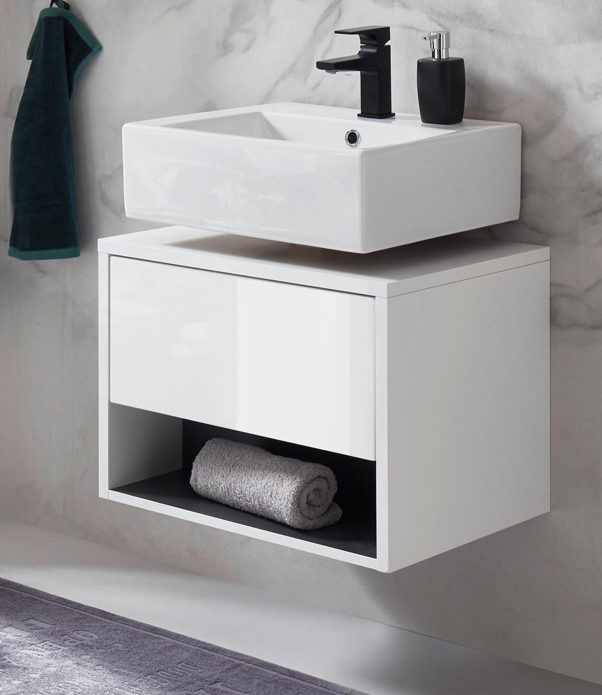 WASCHBECKENUNTERSCHRANK weiß Hochglanz, grau 60 cm, hängend - Weiß Hochglanz/Grau, Holzwerkstoff (60/44/46cm) - Furn.Design