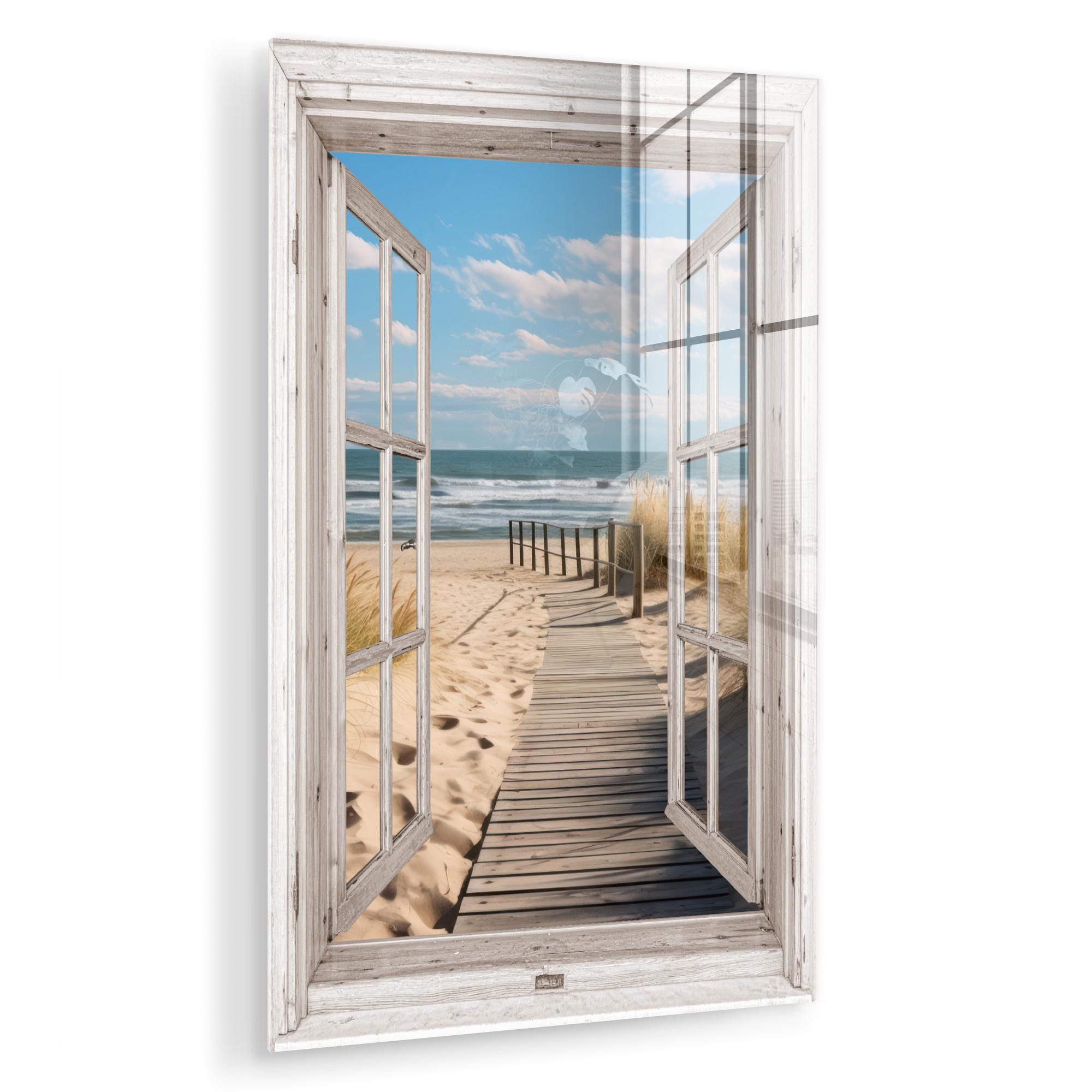 ACRYLGLASBILD Fenster - Meer - Küste - Natur - Ausblick - Strand - Wattenmeer Wandbild 60x90 cm - Beige, Glas (60/90cm) - MuchoWow