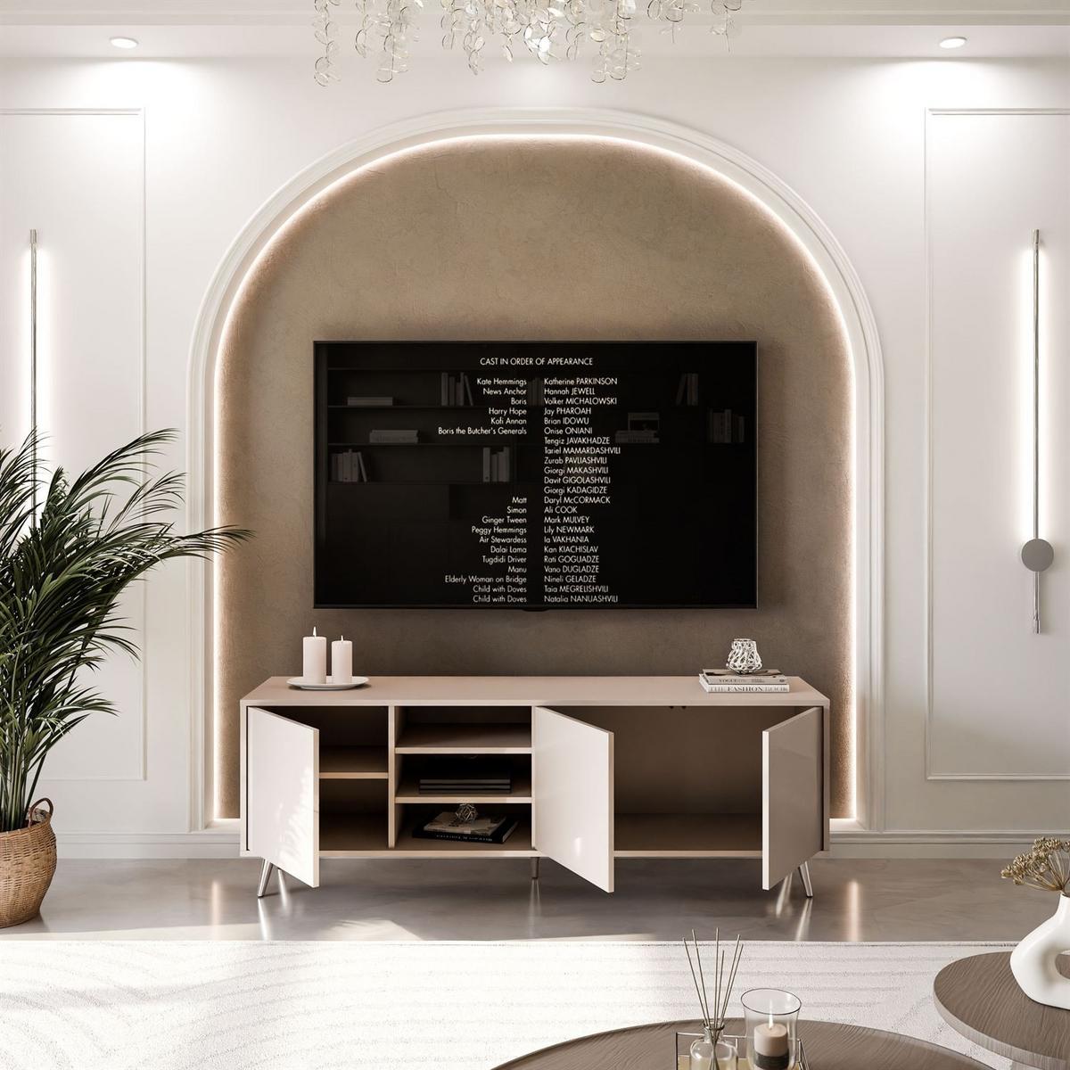 TV-SCHRANK SANAYI Kaschmir Hochglanz – schräge silberne Beine - Kaschmir, Holzwerkstoff (156/54/38cm) - Lookway