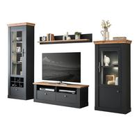 WOHNWAND 4-teilig grau, Eiche Wotan, Landhaus 299 x 201 cm, Wohnkombination mit Soft-Close - Silberfarben/Eiche Wotan, Glas/Holzwerkstoff (299/201/45cm) - Furn.Design