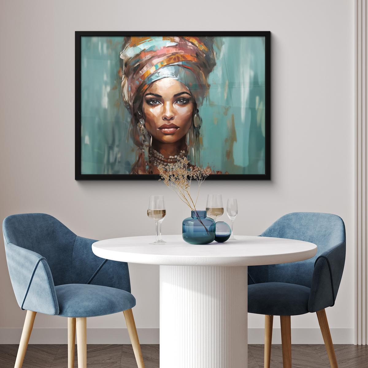 POSTER MIT RAHMENGERAHMTES BILD Frau - Kunst - Schmuck - Porträt 80x60 cm - Blaugrau, Papier (80/60cm) - MuchoWow