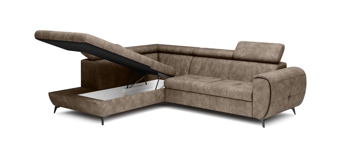 ECKSOFA MAGIA L-S Braun Plüsch-Stoff mit Schlaffunktion - Braun, Holz (260/217cm) - MASSENO