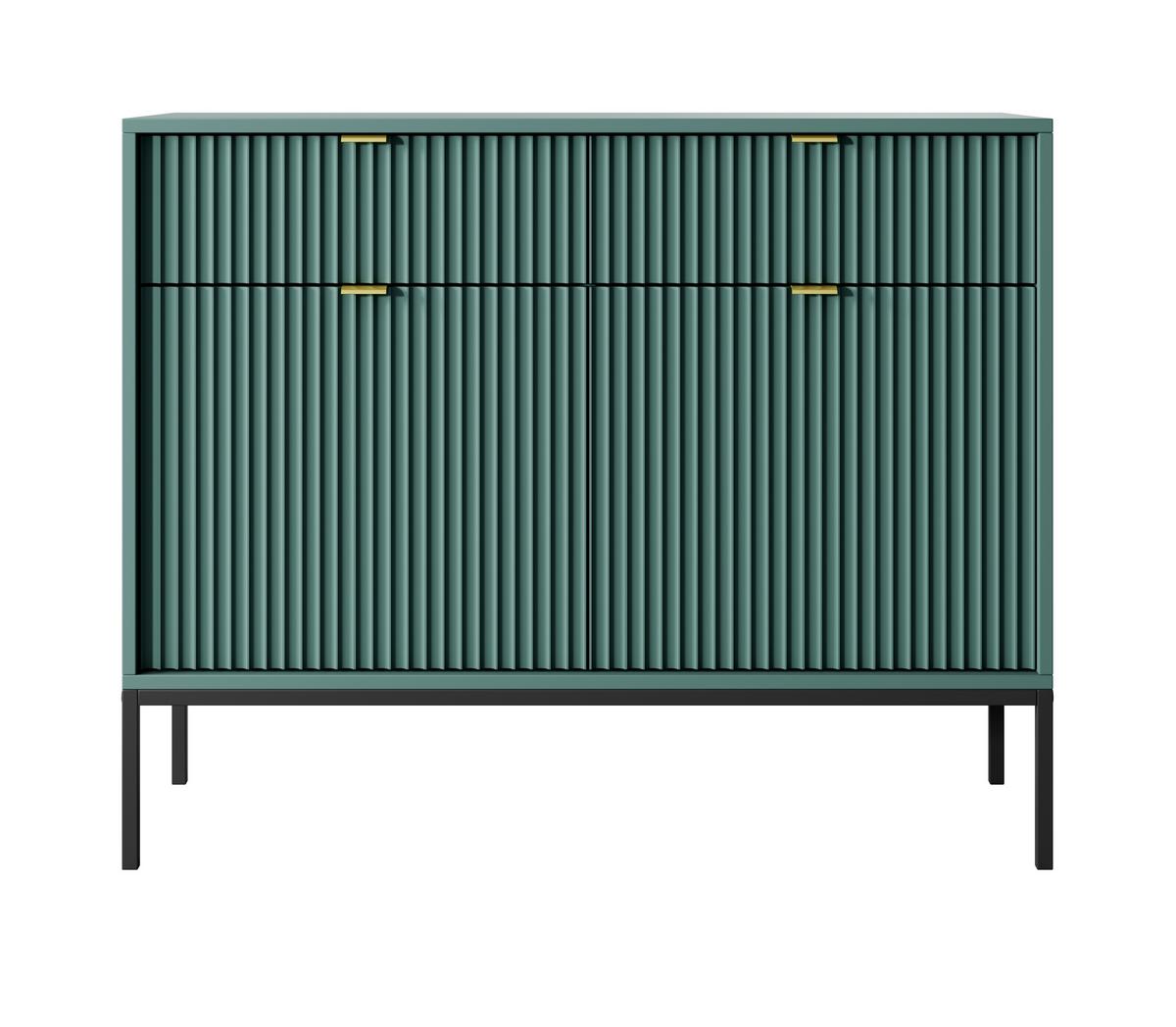 SIDEBOARD Eternas 2T 2S Grün 104/83/39 cm – schwarze Füße, mit geriffelten Fronten - Schwarz/Grün, Holzwerkstoff (104/83/39cm) - AX Living