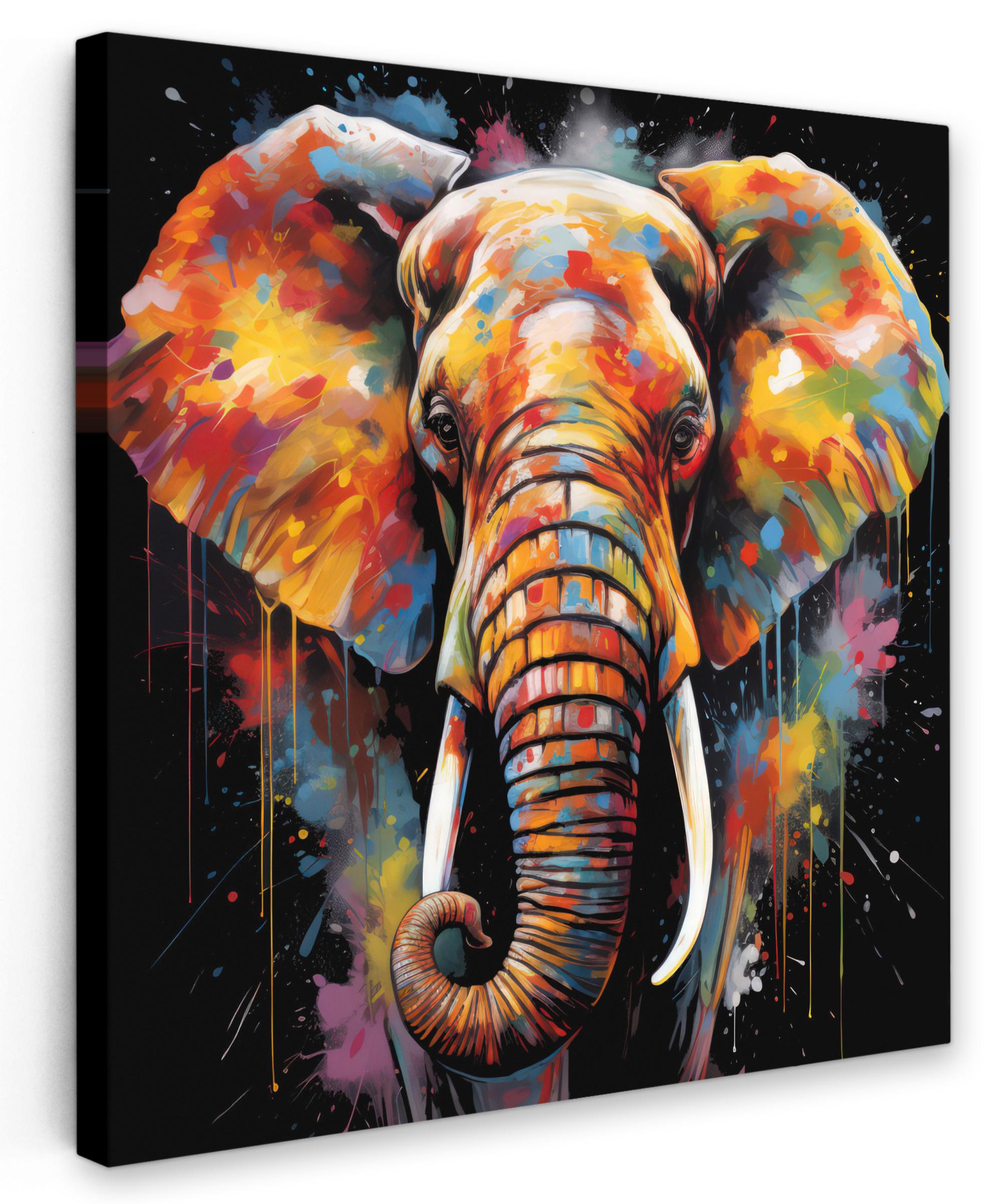 LEINWANDBILD Elefant - Graffiti - Schwarz - Tiere - Farben Wandbild Wohnzimmer 50x50 cm - Schwarz, Textil (50/50cm) - MuchoWow