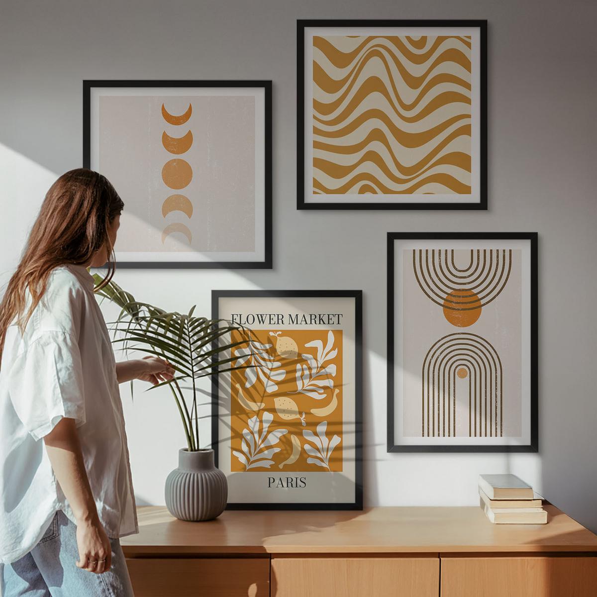 BILDER SET 4er Set - 50x50 cm & 40x60 cm Schwarzer Rahmen - Geometrische Pflanzenmuster - Schwarz, Kunststoff (50/50cm) - TULUP