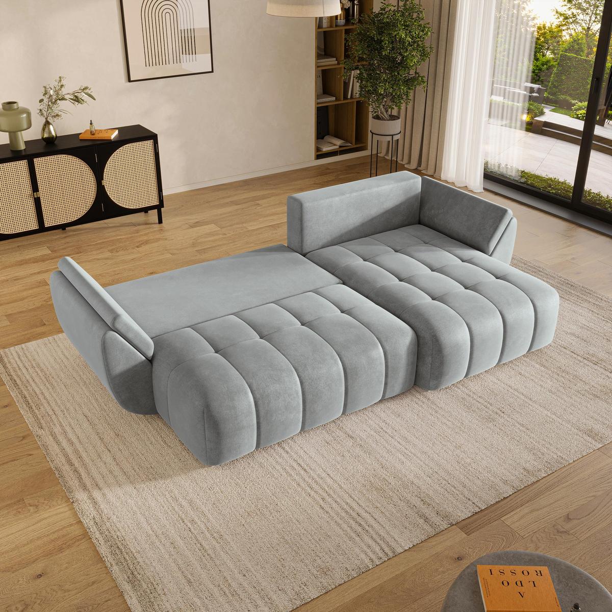 ECKSOFA OLSI Hellgrau Velours-Stoff mit Schlaffunktion - Hellgrau, Holz (285/148cm) - MASSENO