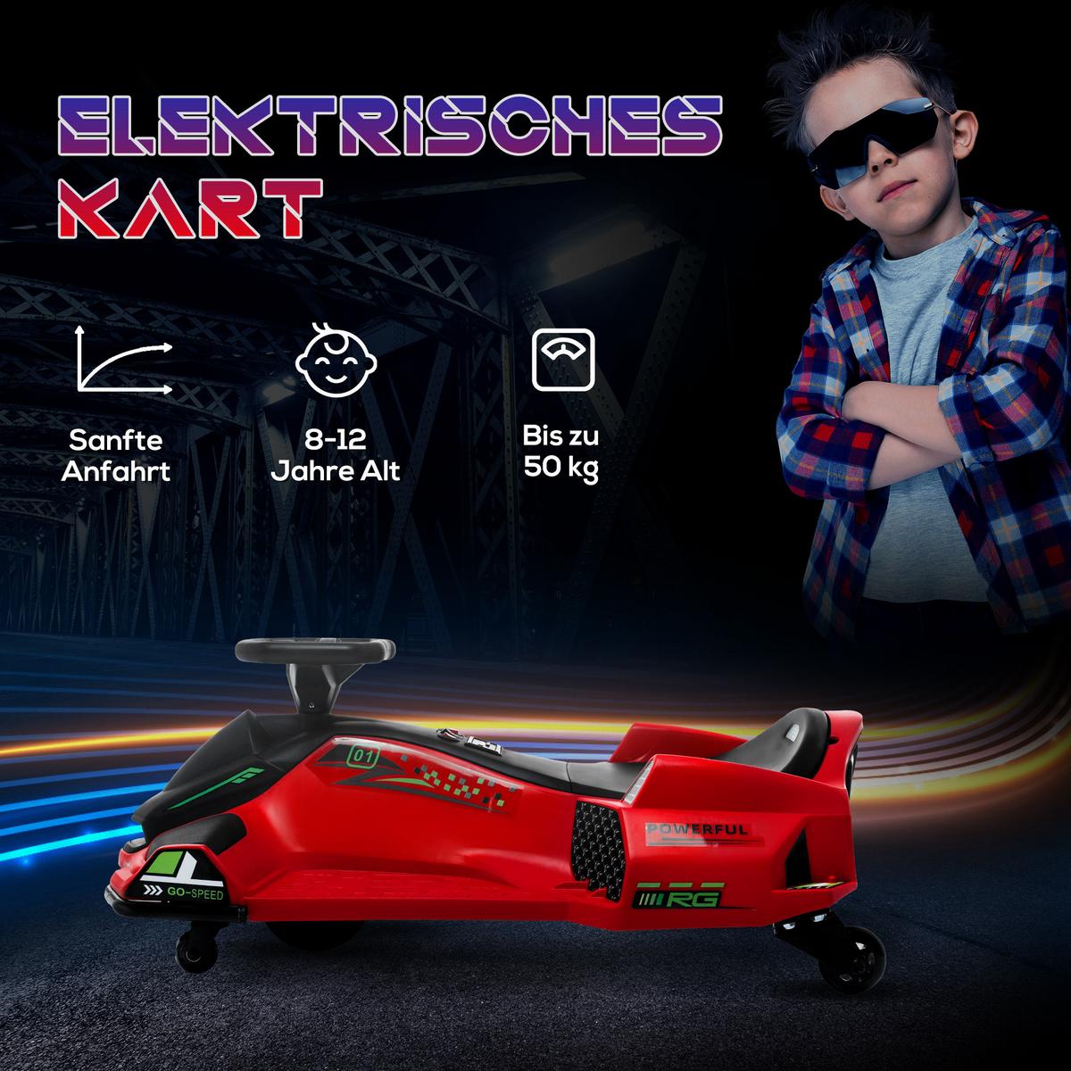 KINDER Elektro Gokart 12 V 3-8km/h Drift Kart mit Driftmodus Lichtern Musik - Rot, Kunststoff (90/53/99cm) - HOMCOM