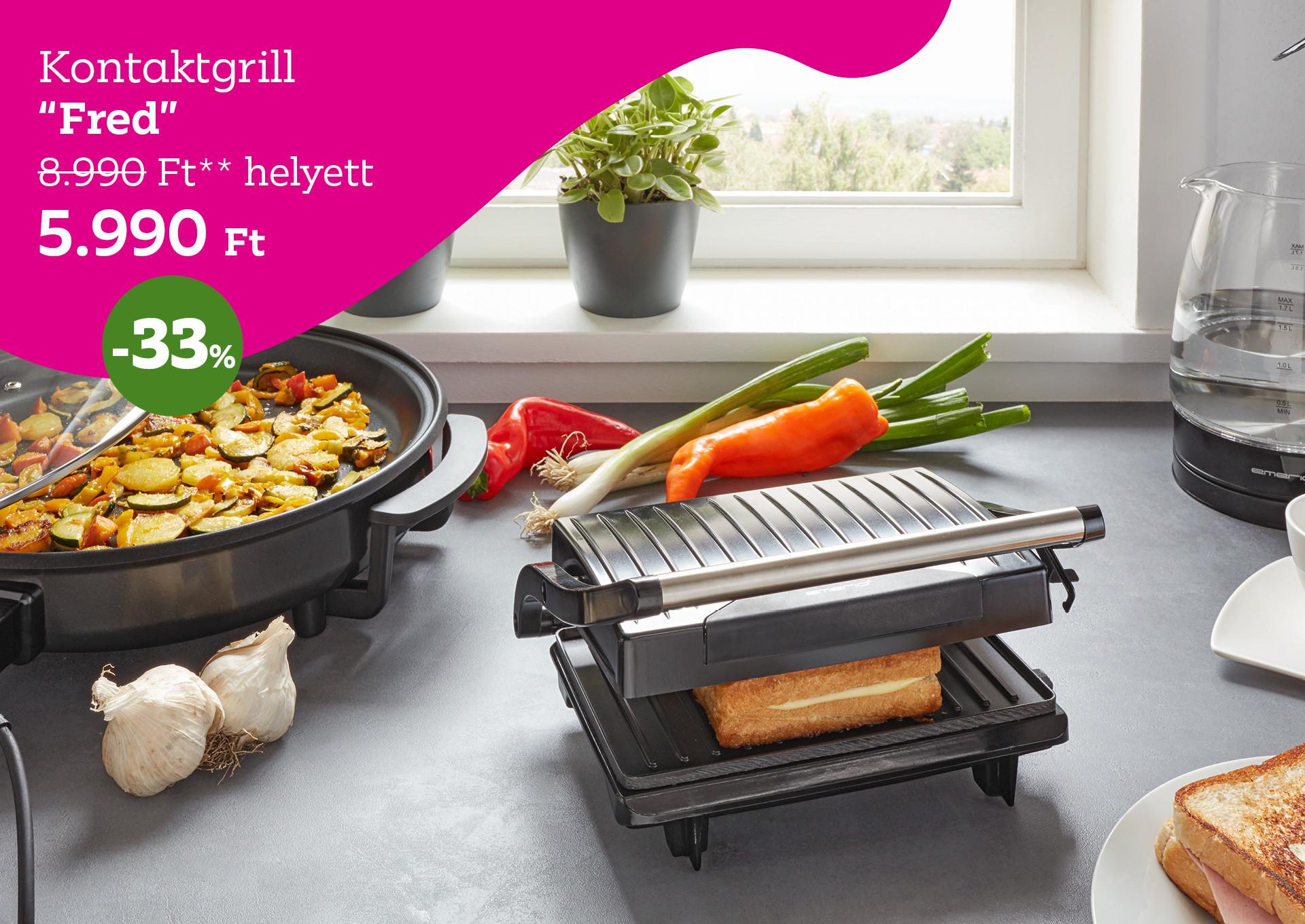 Kontaktgrill FRED 8990 Forint helyett 5990 Forint, kedvezmény mértéke 33%
