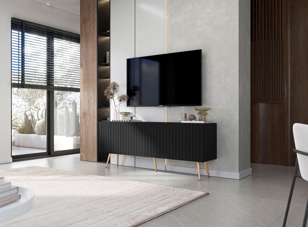 TV-SCHRANK Elpis Schwarz Matt mit goldenen Metallbeine Glamour 150 cm - Goldfarben/Schwarz, Holzwerkstoff/Metall (150/60.5/36.5cm) - Meble Lindner