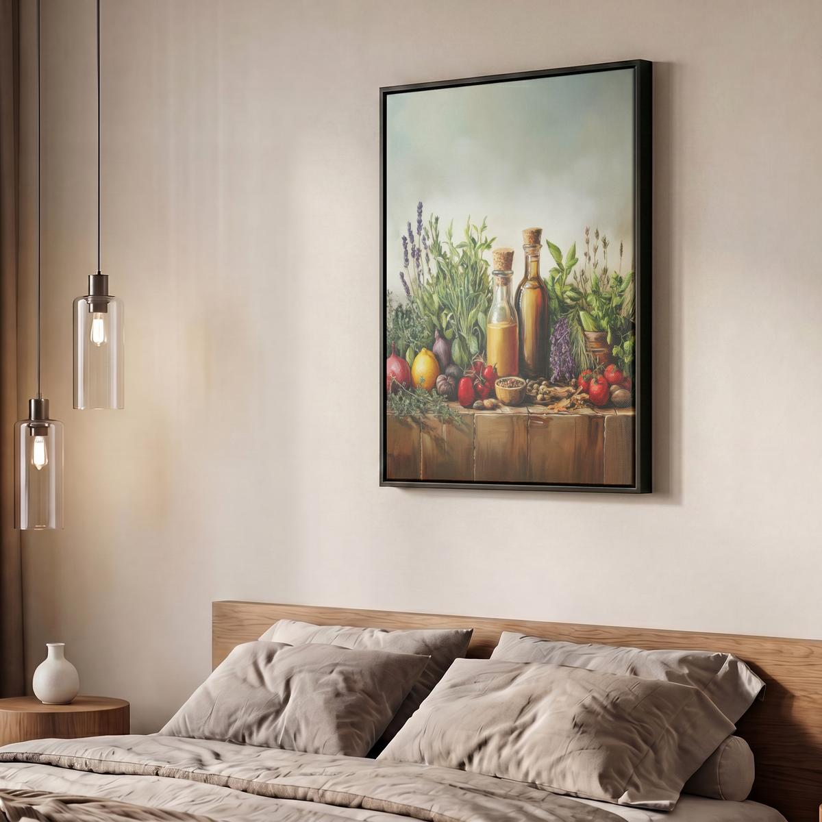 LEINWAND Bilder mit Rahmen - Stilleben - Kräuter - Gewürze - Früchte - Farbenfroh - 60x80 - Grün, Textil (60/80cm) - MuchoWow