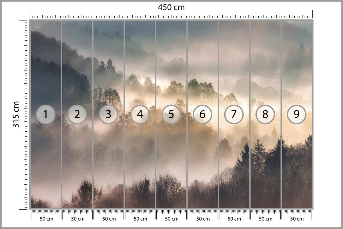 FOTOTAPETE für Wohnzimmer Natur Nebeliger Wald Sonnenaufgang Gebirge 450x315 - Gelb/Creme, Papier (450/315cm) - Muralo