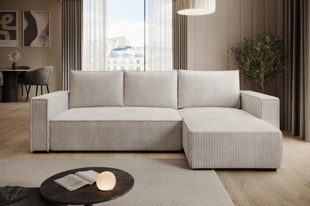 ECKSOFA CUDDY L, Eckcouch in L-Form mit Schlaffunktion und Bettkasten, Farbe: Hellgrau, Cordstoff, Ottomane Rechts - Hellgrau, Textil (240/140cm) - Storez24