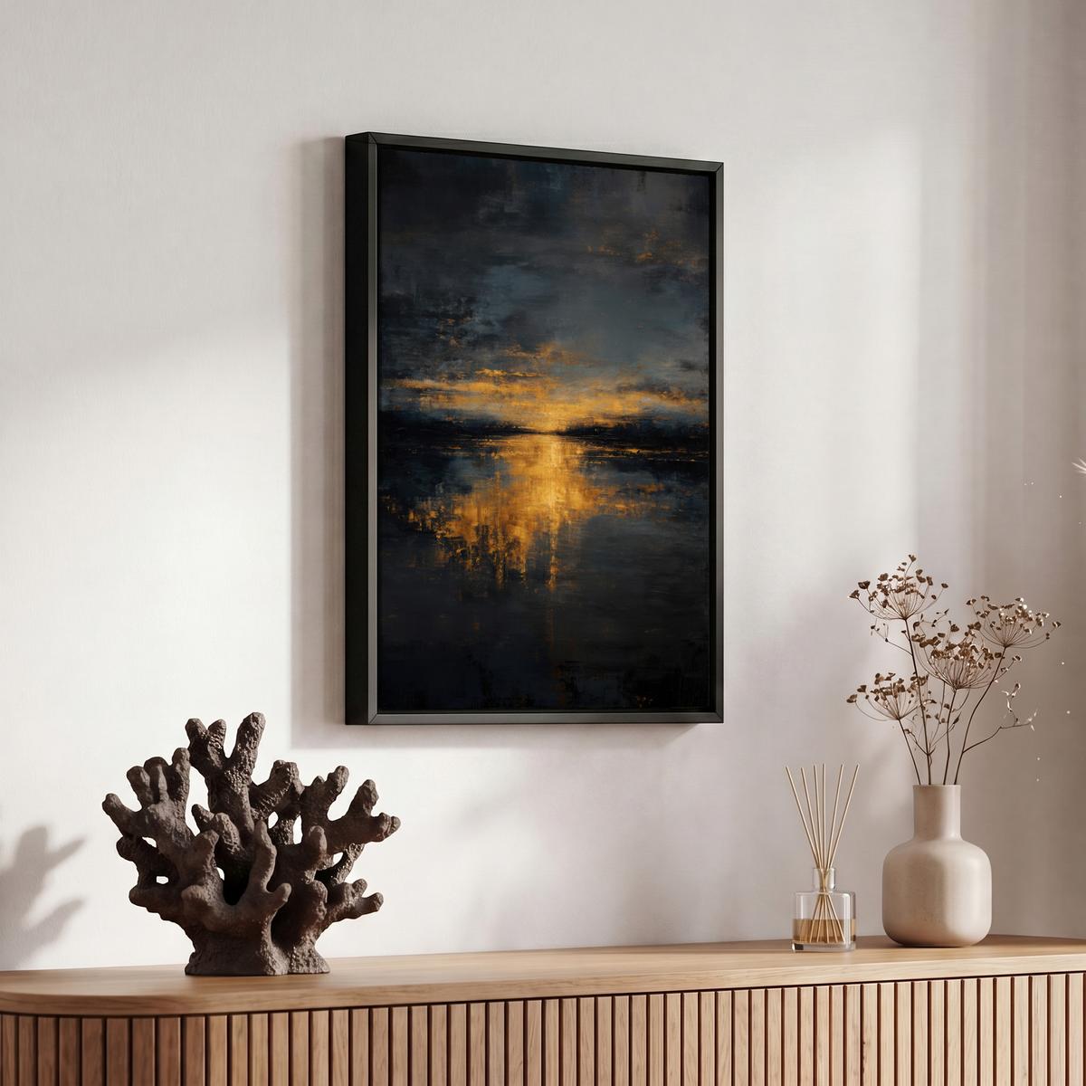 LEINWAND Bilder mit Rahmen - Goldene Reflexion auf dem Wasser - 20x30 - Anthrazit, Textil (20/30cm) - MuchoWow