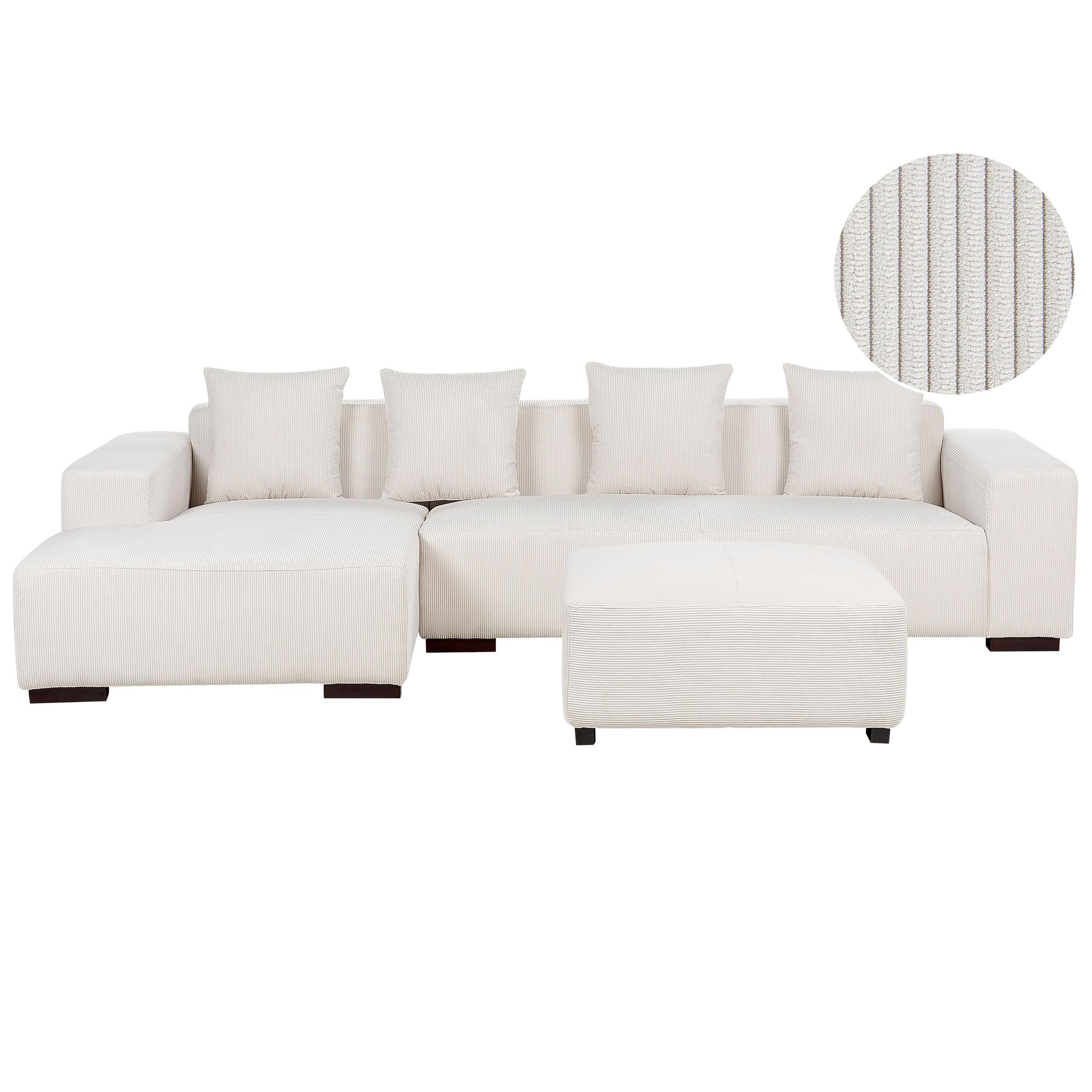 ECKSOFA 4-Sitzer Cord Cremeweiß mit Ottomane rechtsseitig Lungo - Creme/Weiß, Textil (285/160cm) - Beliani