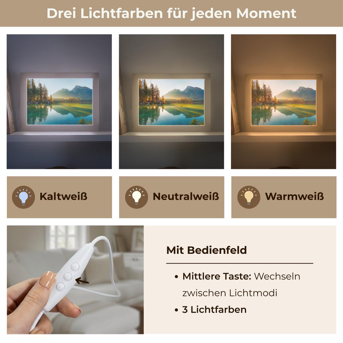 TISCHLEUCHTE See - Wald - Berge - Natur - Sonne - Landschaft 20x15 cm - Currygelb, Holzwerkstoff (8/20/15cm) - OnlyWow