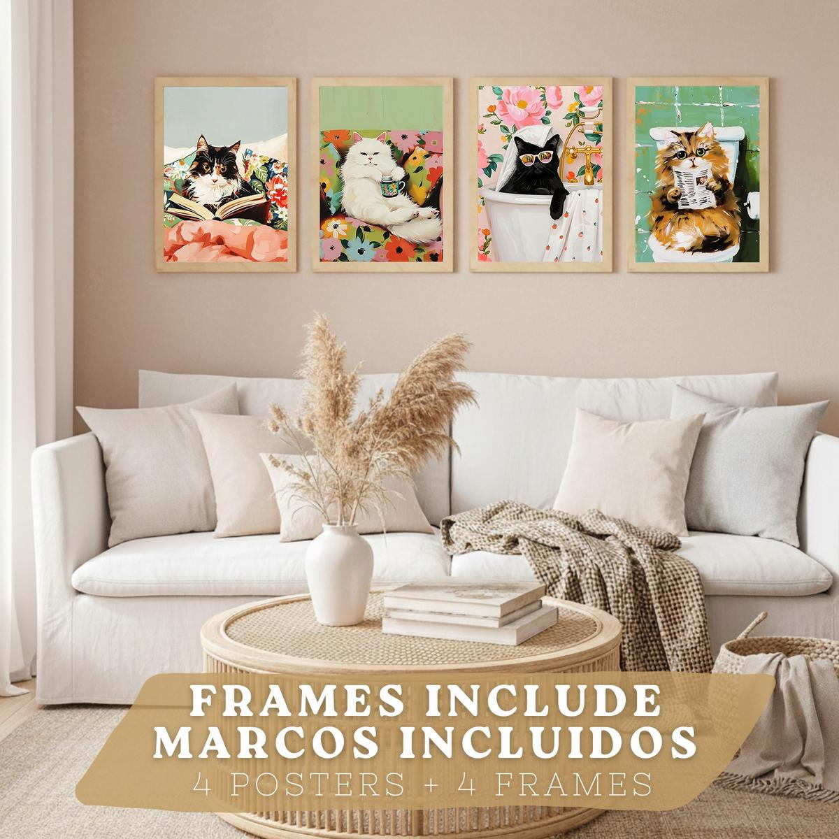 POSTER 4er Kunstdruck-Set Wandbilder Katzen modern Wohnzimmer Deko, Schlafzimmer, Küche, Badezimmer Rahmenlos A3 - Beige, Papier (29.7/1/42cm) - Nacnic