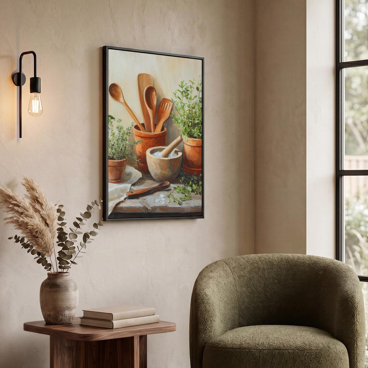 LEINWAND Bilder mit Rahmen - Töpfe - Kräuter - Holz - 50x70 - Terracotta, Textil (50/70cm) - MuchoWow