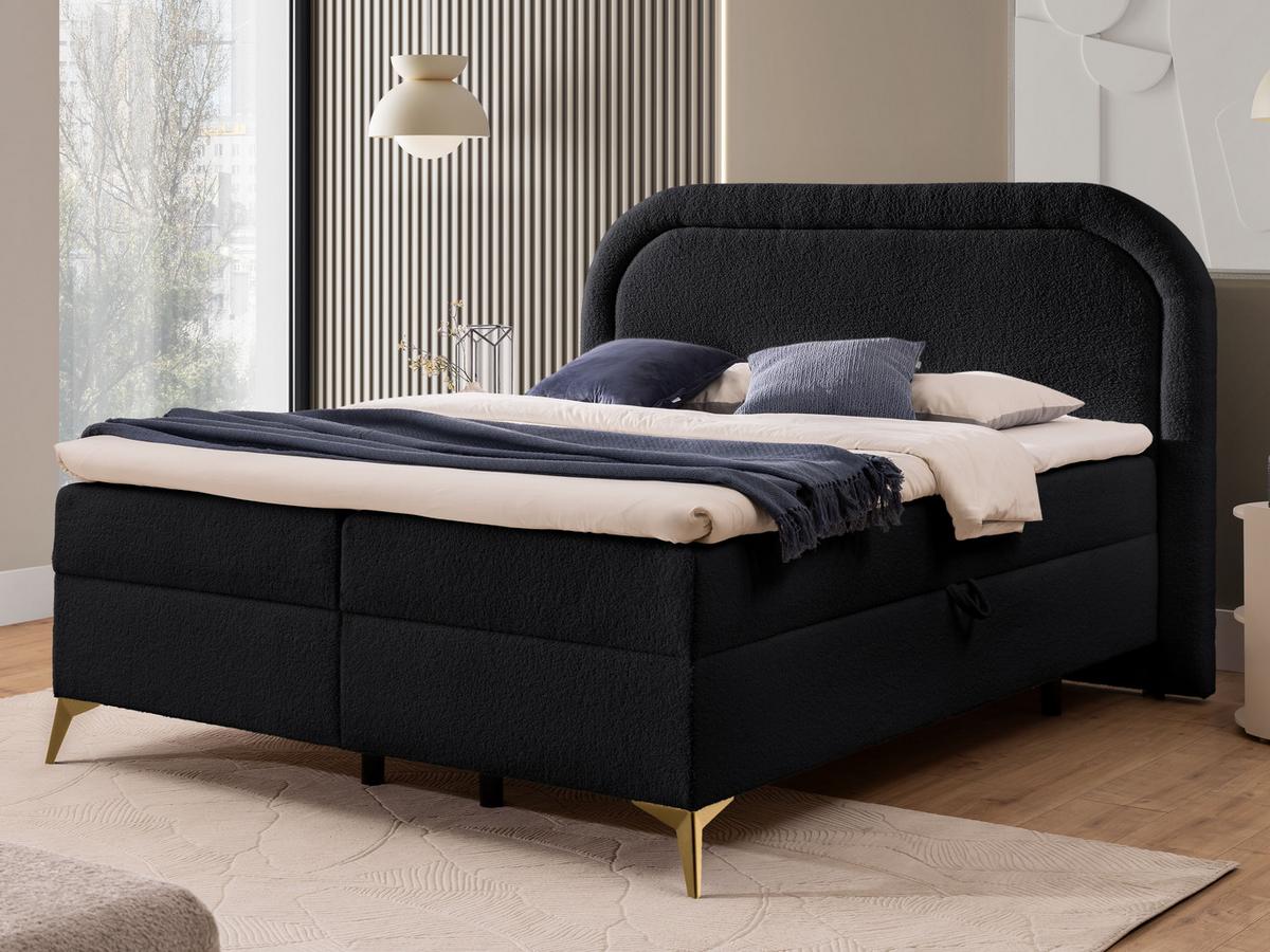 BOXBETT Sonna 160/200 cm Schwarz Bouclé-Stoff mit abgerundetem Kopfteil und mit goldenen Metallfüßen - Goldfarben/Schwarz, Holz/Textil (160/200cm) - S-Style Möbel
