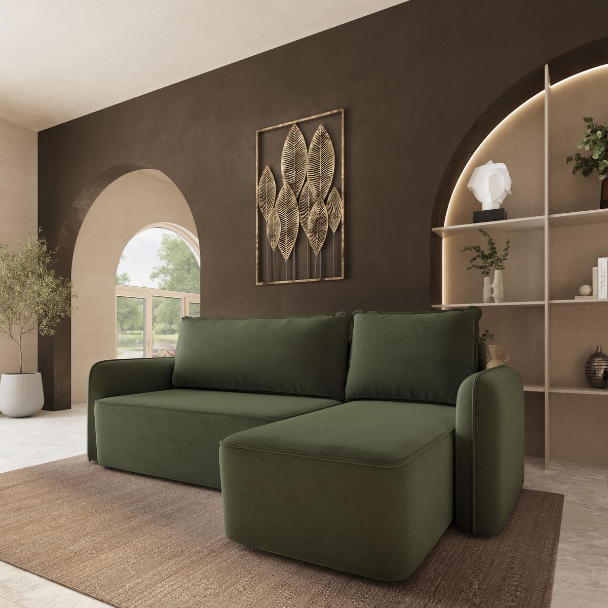 ECKSOFA DOLVER CL Olivgrün Samtstoff mit Schlaffunktion - Olivgrün, Holzwerkstoff/Textil (238/156cm) - MASSENO