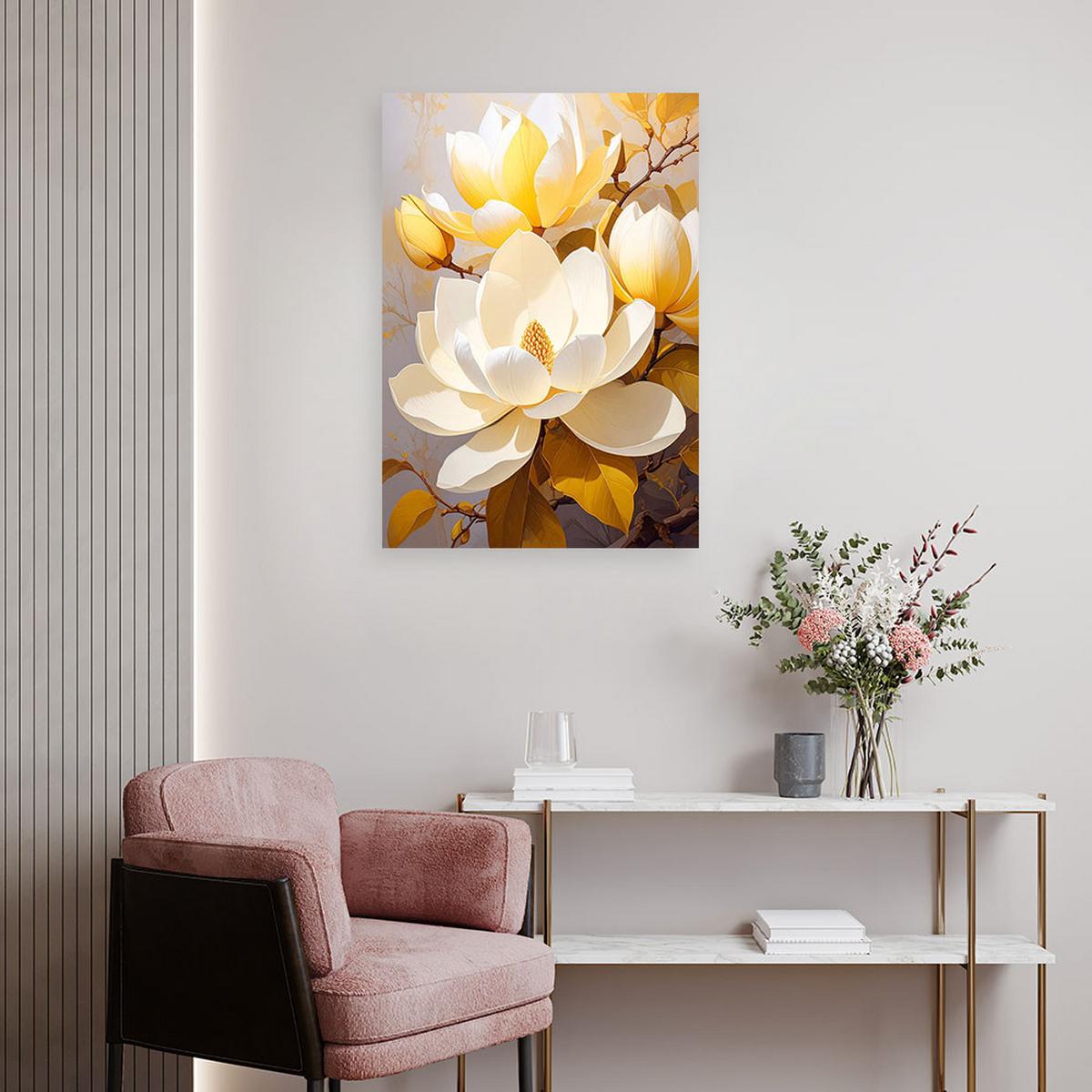 BILD auf Leinwand, Helle Magnolien mit gelbem Licht im Hintergrund - Gelb, Textil (40/60cm) - Feeby