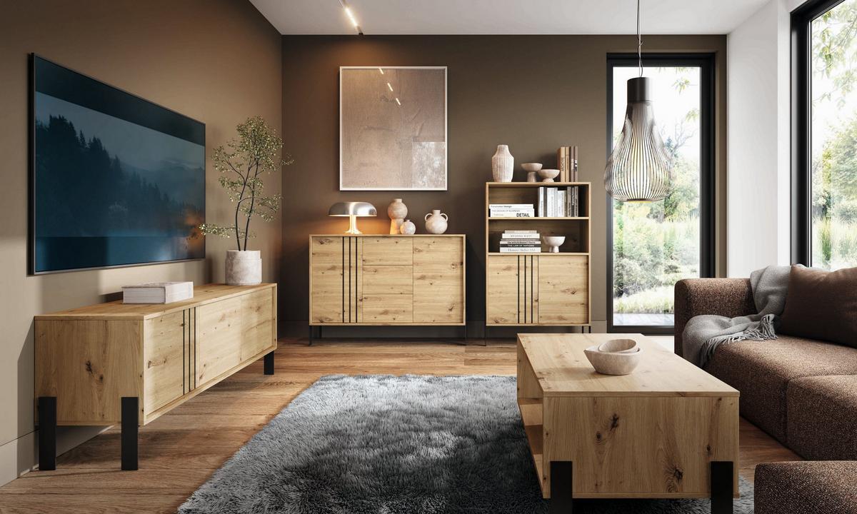 KOMMODE VALOZA 120/87/40cm mit 3 Schubladen 2 Türen Eiche Artisan - Eiche Artisan, Holzwerkstoff (120/87/40cm) - MASSENO