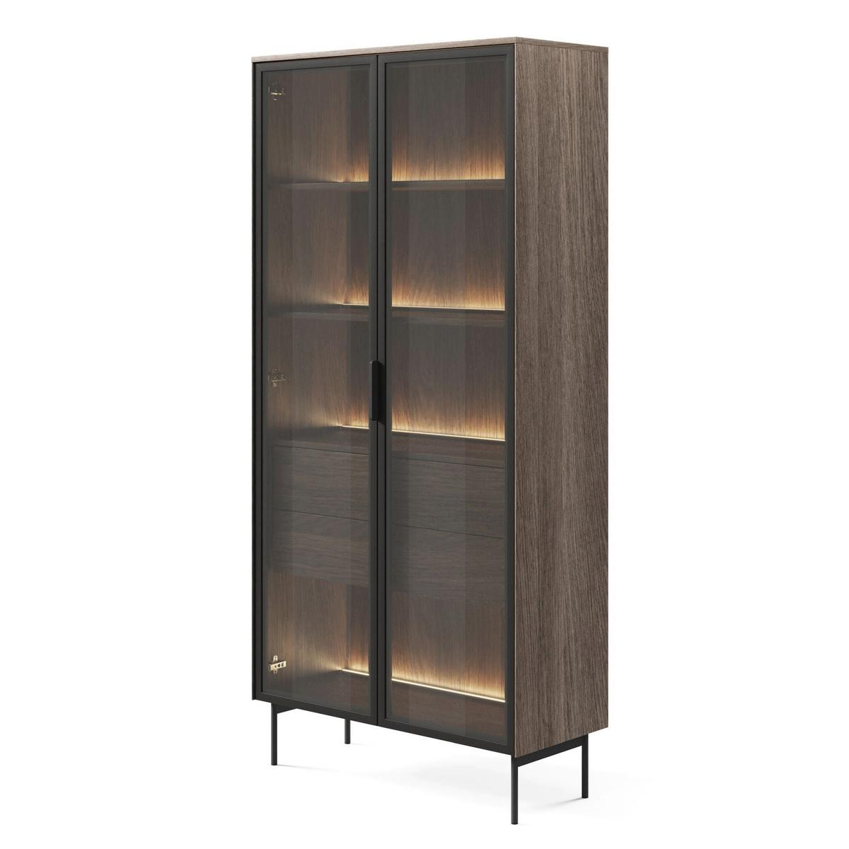 VITRINE Lumi mit LED Eiche Dunin 91 cm - Dunkelbraun/Schwarz, Holzwerkstoff/Metall (91.5/194.6/39.3cm) - Selsey