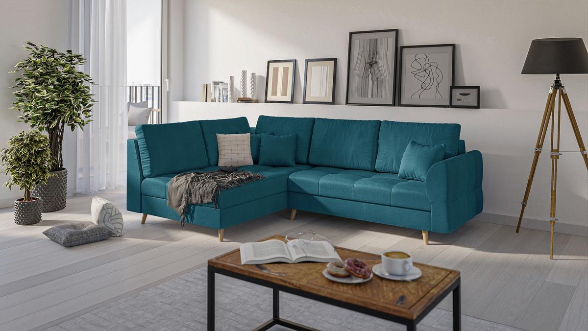 ECKSOFA MIT HOCKER Lorine Mikrofaser Blau - Blau/Hellbraun, Buchenholz/Textil (231/161cm) - S-Style Möbel