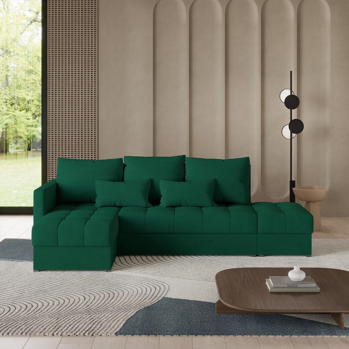 ECKSOFA LUMARI L-S Grün Plüsch-Stoff mit Schlaffunktion - Grün, Holz (262/143cm) - MASSENO