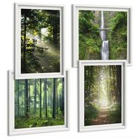 BILDER SET 4er Set - 50x50 cm & 40x60 cm Weißer Rahmen - Grüne Wälder, Lichtstrahlen - Weiß, Kunststoff (50/50cm) - TULUP