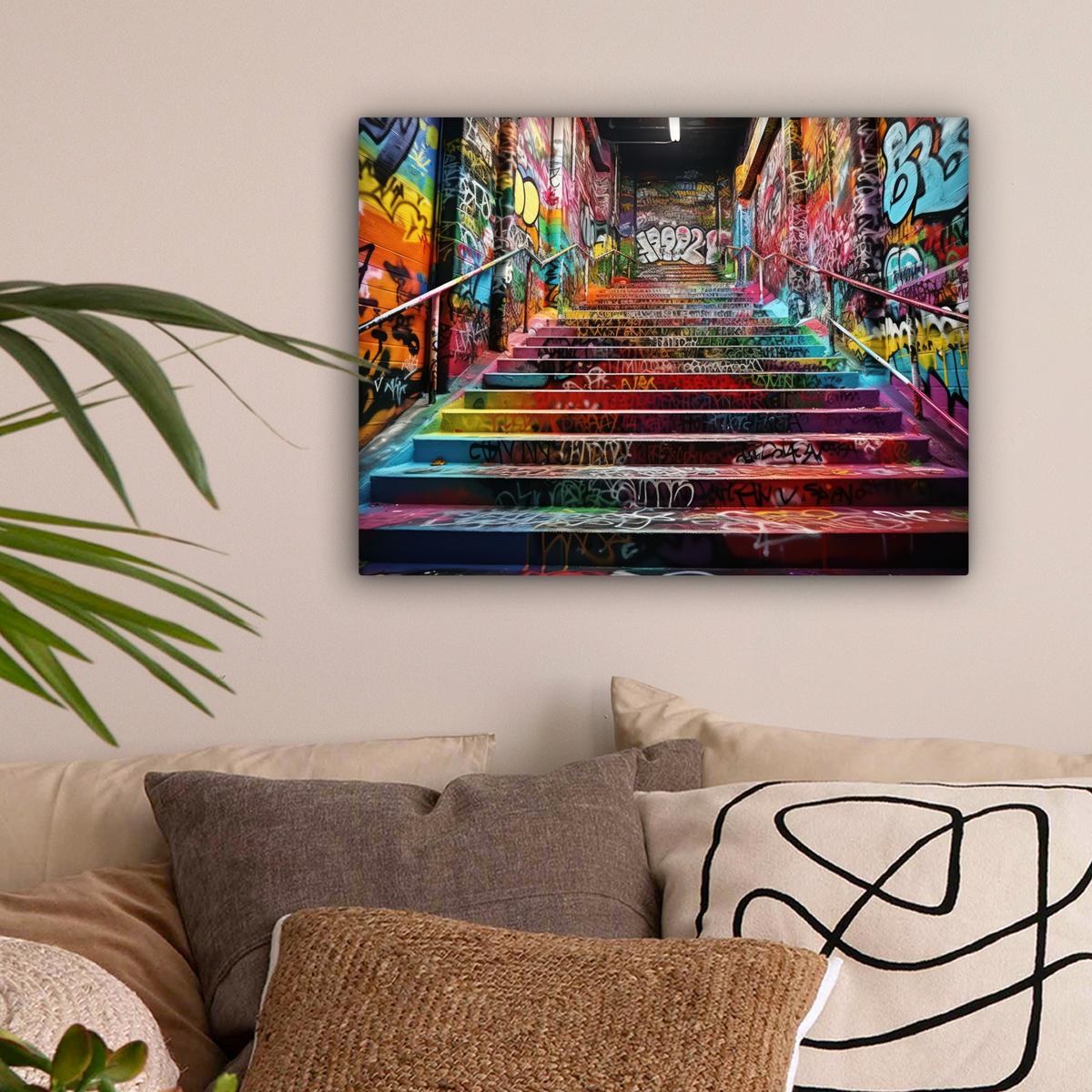 LEINWANDBILD Treppe - Graffiti - Farben - Kunst Wandbild 40x30 cm - Multicolor, Textil (40/30cm) - MuchoWow