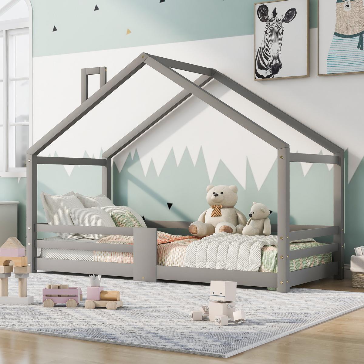 KINDERBETT Hausbett aus Kiefer Massivholz mit Schornstein & Rausfallschutz - Grau, Holz (209/143/96cm) - Urban Meuble