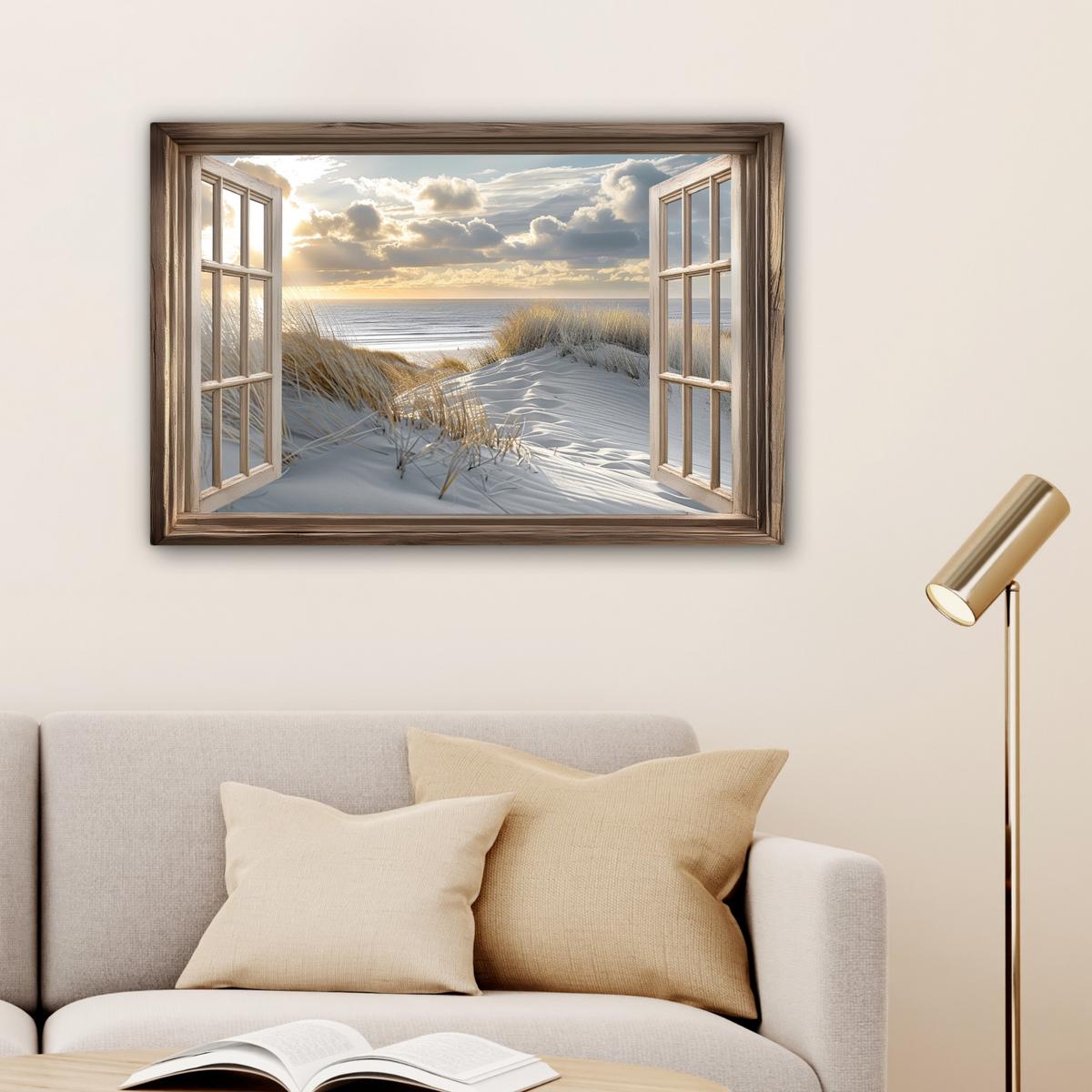 LEINWANDBILD Ausblick - Strand - Dünen - Meer - Natur Wanddeko 90x60 cm - Sandfarben, Textil (90/60cm) - MuchoWow