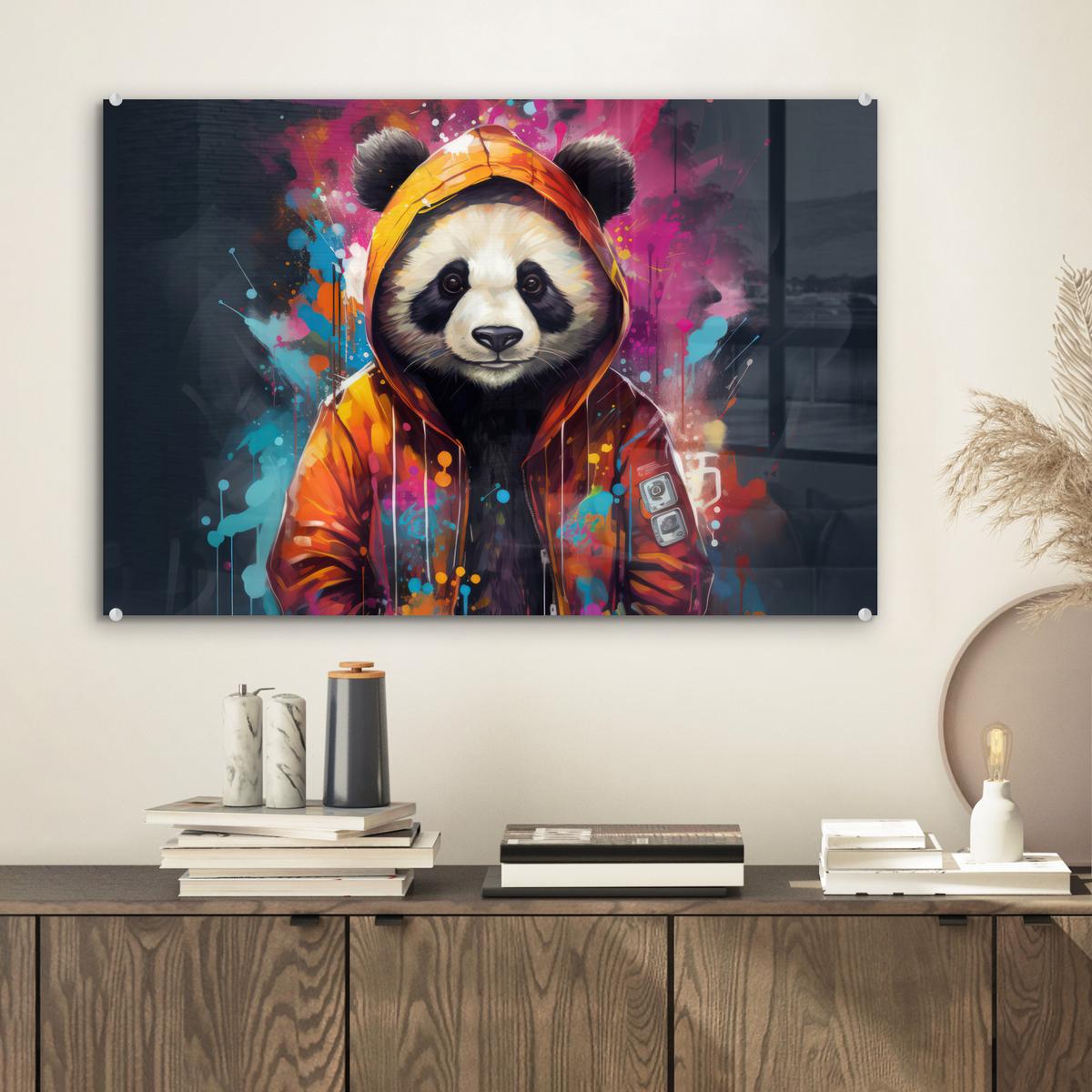 ACRYLGLASBILD Panda - Jacke - Graffiti - Orange Wanddeko 60x40 cm - Orange, Glas (60/40cm) - MuchoWow