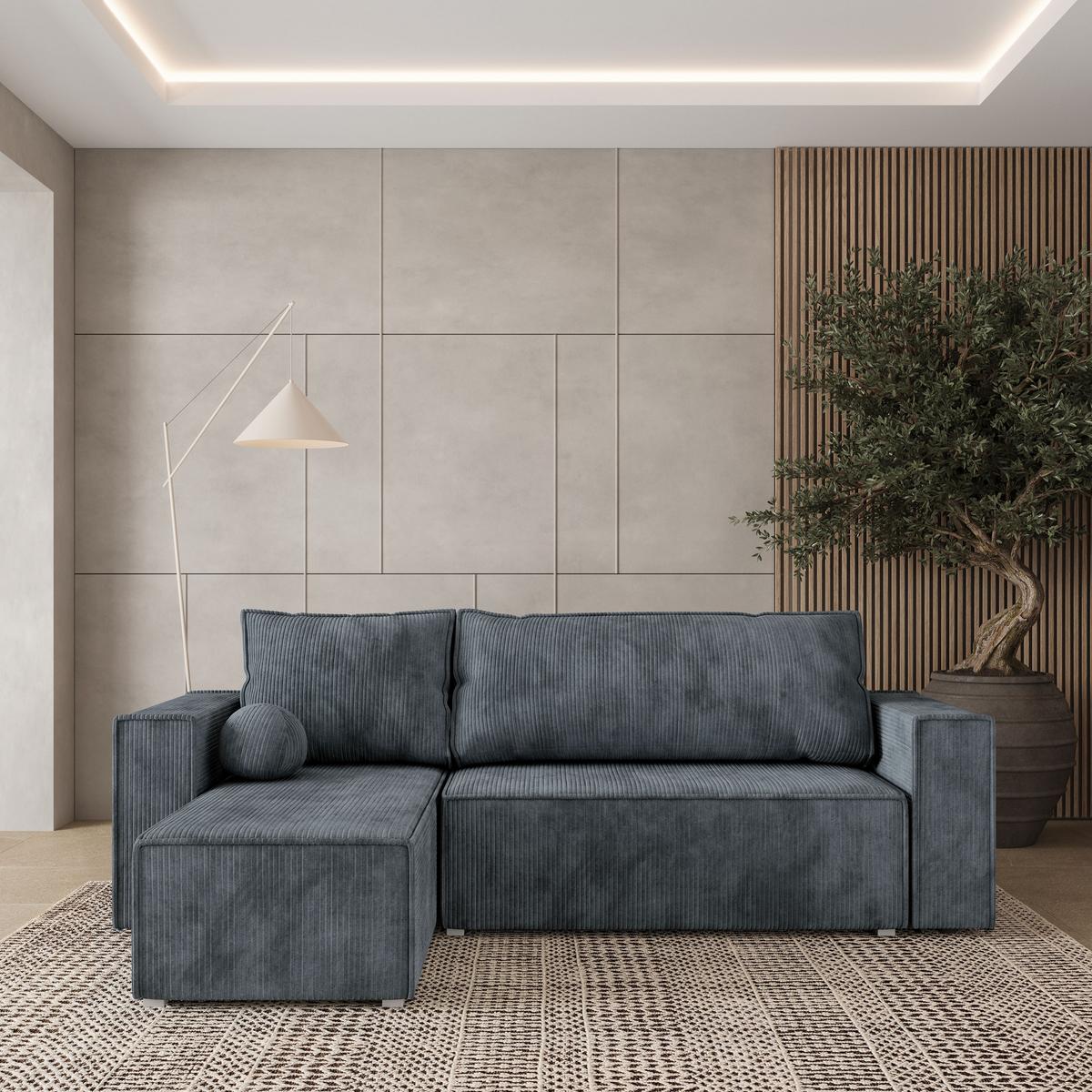 ECKSOFA RAVELO P Grau Kordstoff mit Schlaffunktion - Grau, Holz/Kunststoff (240/140cm) - MASSENO